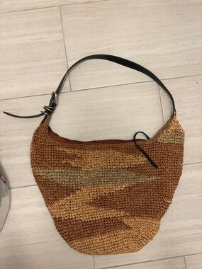 Woven Straw Hobo Bag with Black Leather Strap - Brown